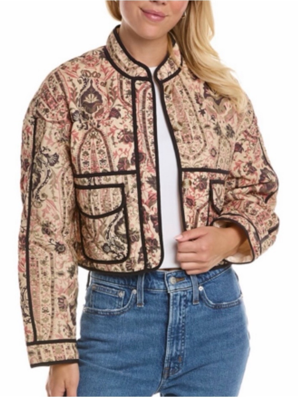 7 For All Mankind Floral Quilted Crop Jacket Beige Black Trim Quiet Luxury
Small